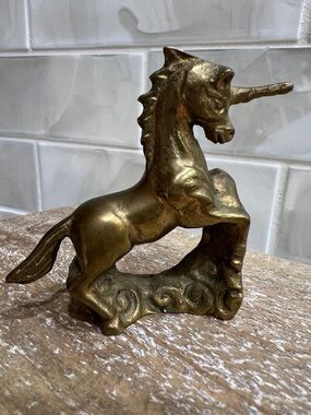 Vintage Brass Unicorn Figurine Rearing Horse Mythical Decor